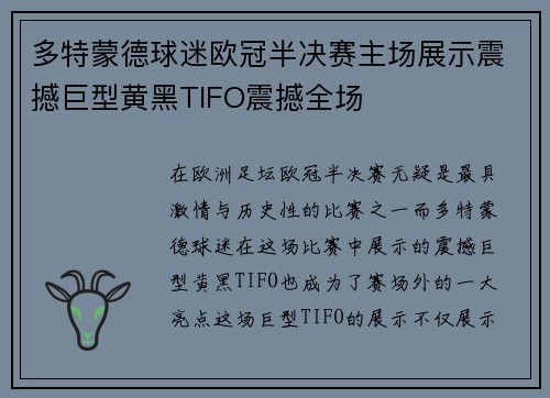 多特蒙德球迷欧冠半决赛主场展示震撼巨型黄黑TIFO震撼全场 多特蒙德球迷欧冠半决赛主场展示震撼巨型黄黑TIFO震撼全场